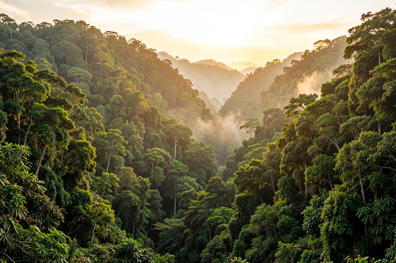 Misty Costa Rican rainforest valley at golden hour