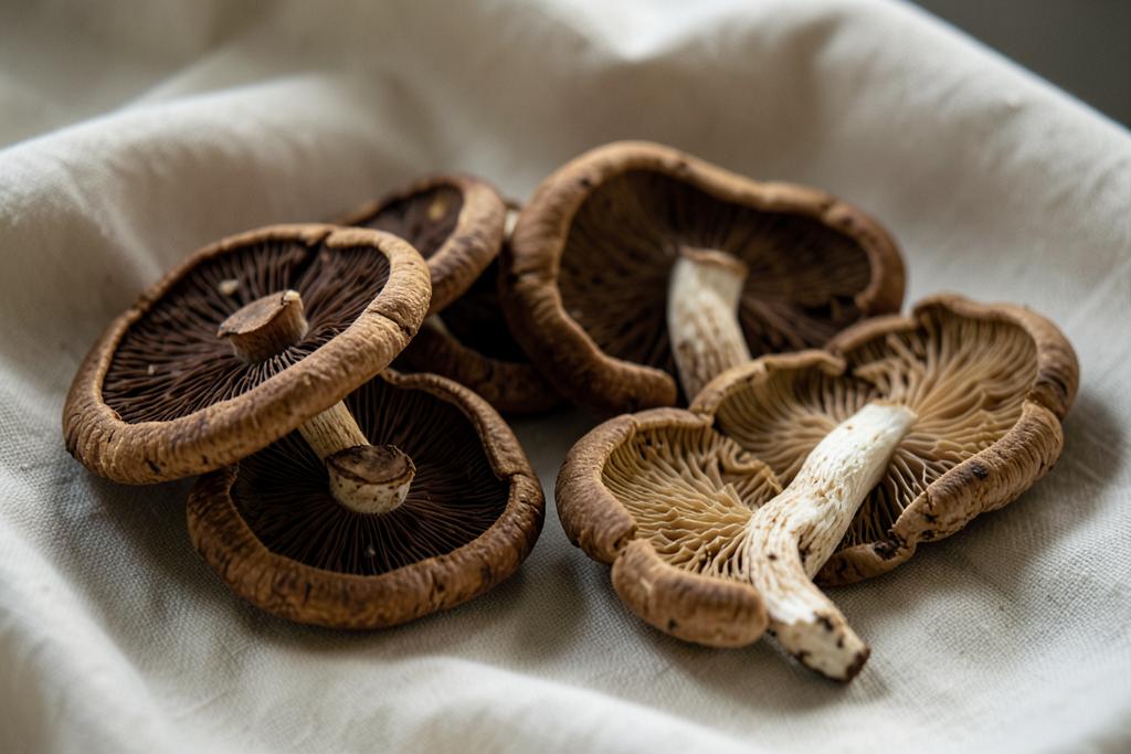 Dried medicinal mushrooms on cream linen